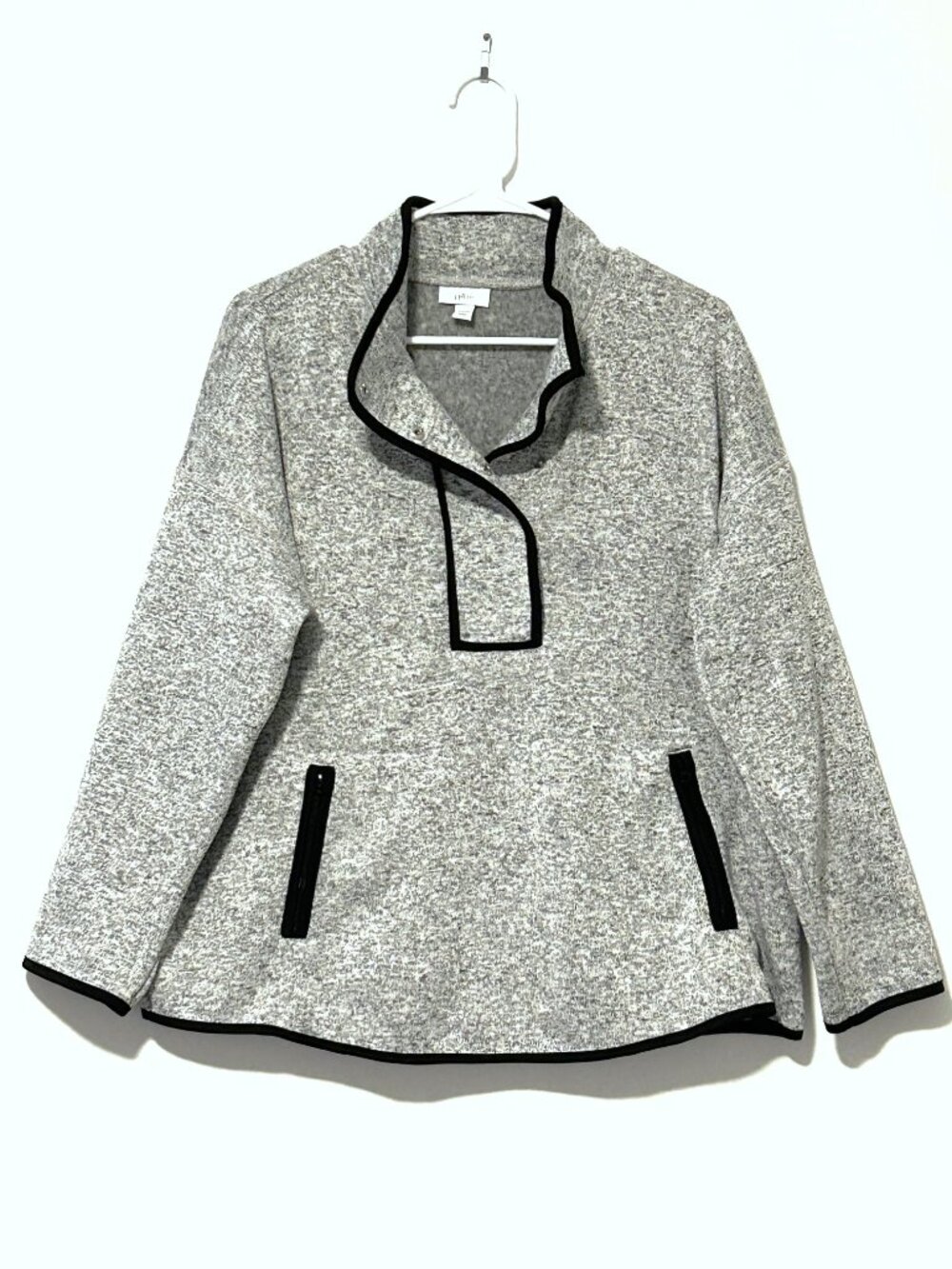 J. Jill Fit gray sweater fleece pullover with pocket & black trim, size L petite - Picture 2 of 6
